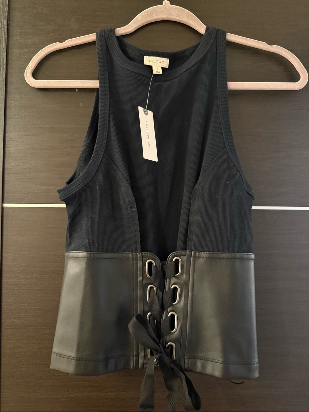 Pilcro Black Ribbed Tank with Faux Leather Lace-Up Waistband